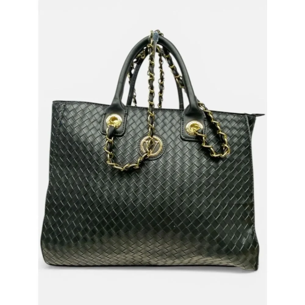 Woven Black Tote Bag Chain Strap Minimalist Luxe Work Travel Large Carryall